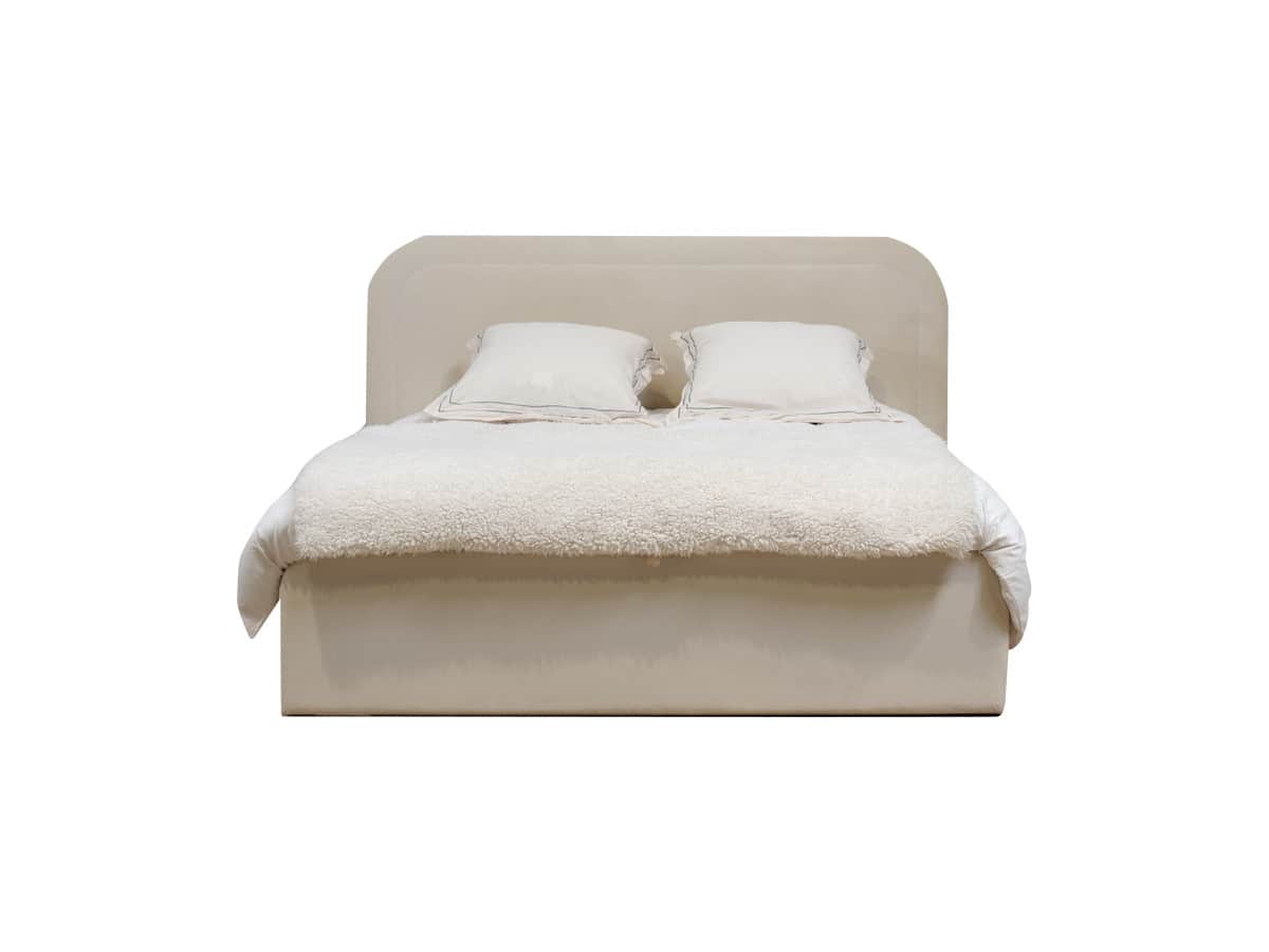 A queen-sized bed with a padded, upholstered headboard and a matching upholstered base. The bed is d… — 3D model