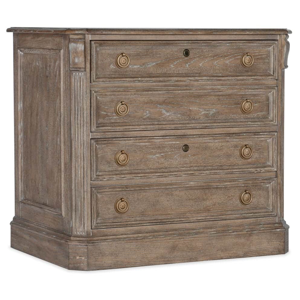 A traditional four-drawer storage cabinet featuring a washed oak finish and ornate brass hardware, d… — 3D model