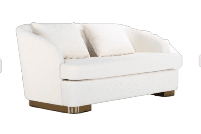 A contemporary loveseat featuring plush white or cream fabric upholstery and a distinctive brass-ton… — 3D model