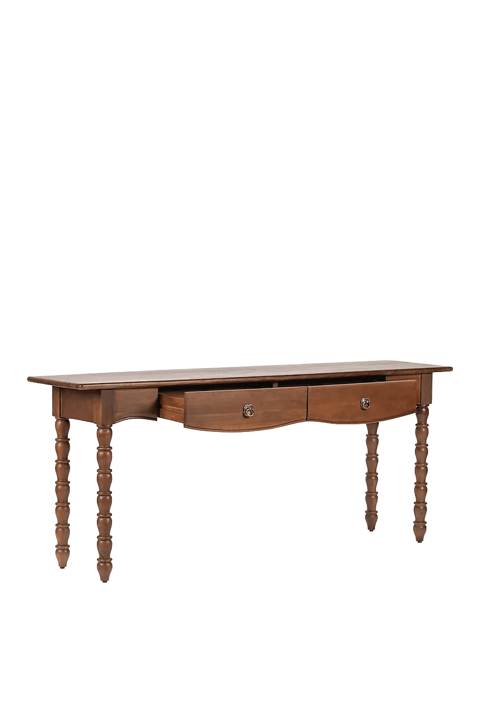 A long, narrow console table with a rectangular top and four turned legs. The table features two dra… — 3D model