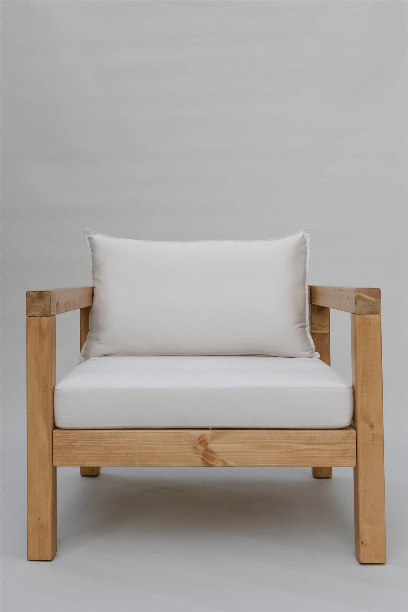 A single armchair with a solid wood frame and upholstered cushions. The frame consists of thick, squ… — free GLB 3D model