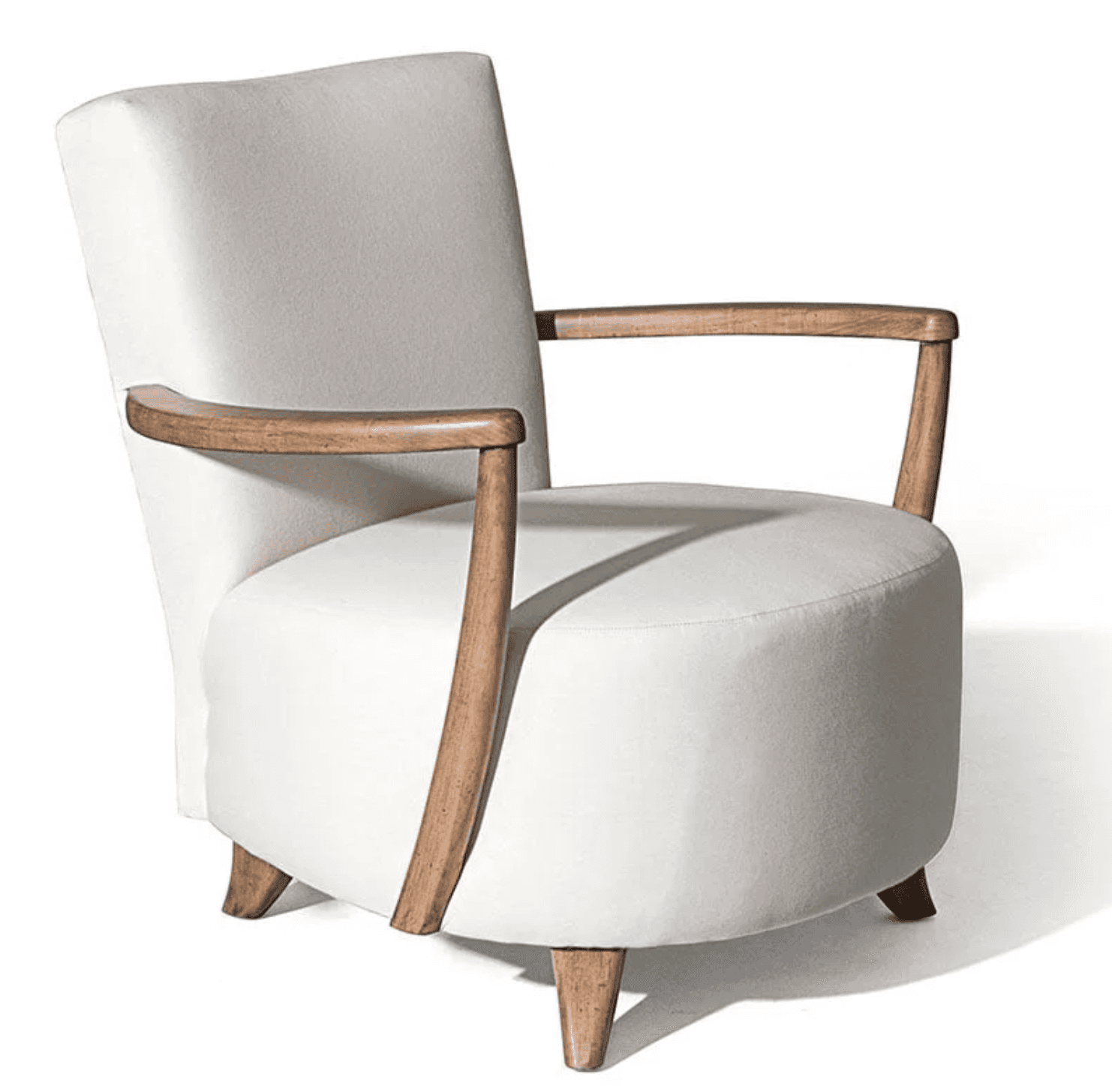 A fully upholstered lounge armchair featuring an off-white fabric and a visible, sculptural wooden f… — 3D model