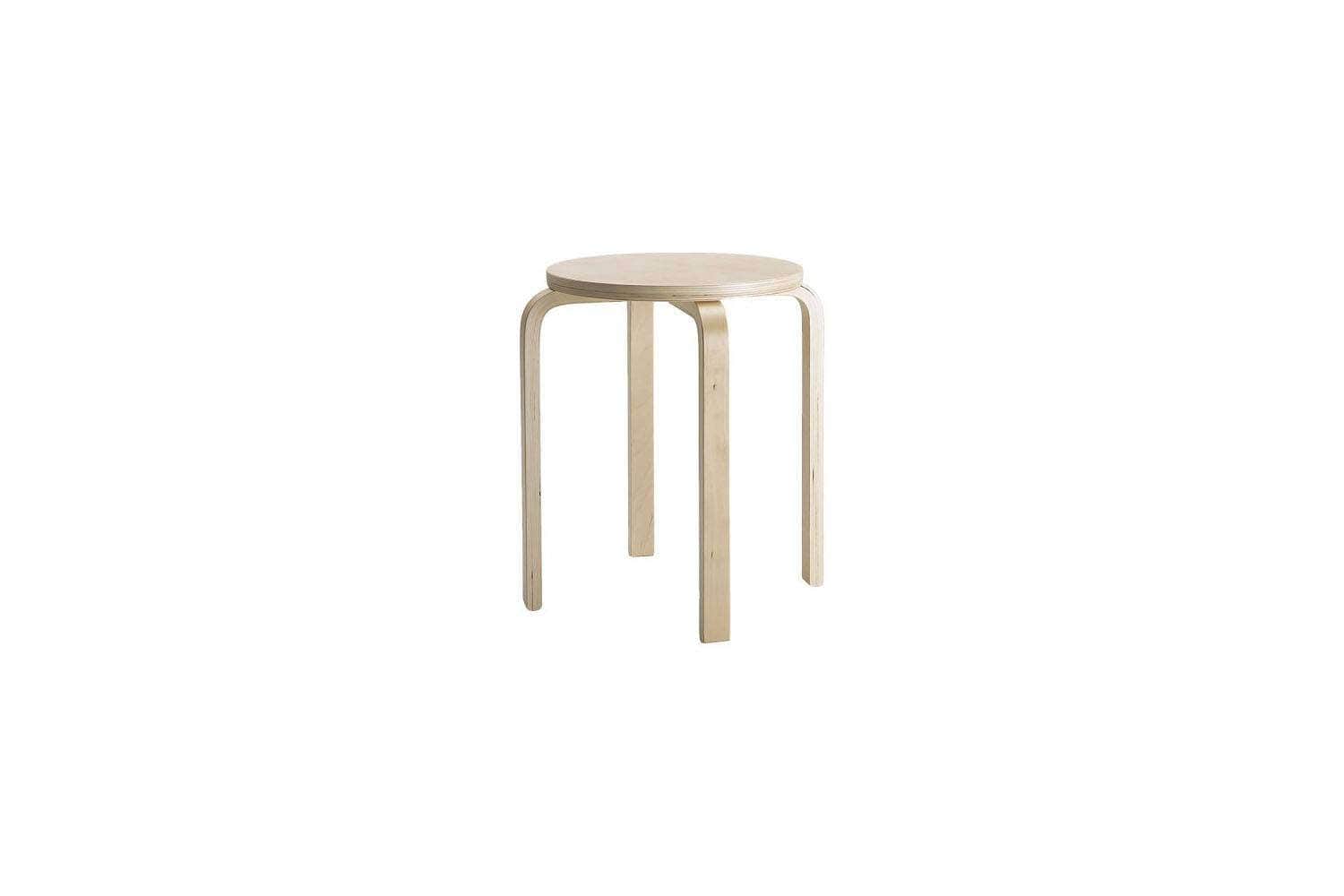 A stool with a round seat and three curved legs made of bent plywood. The stool has a natural wood f… — 3D model
