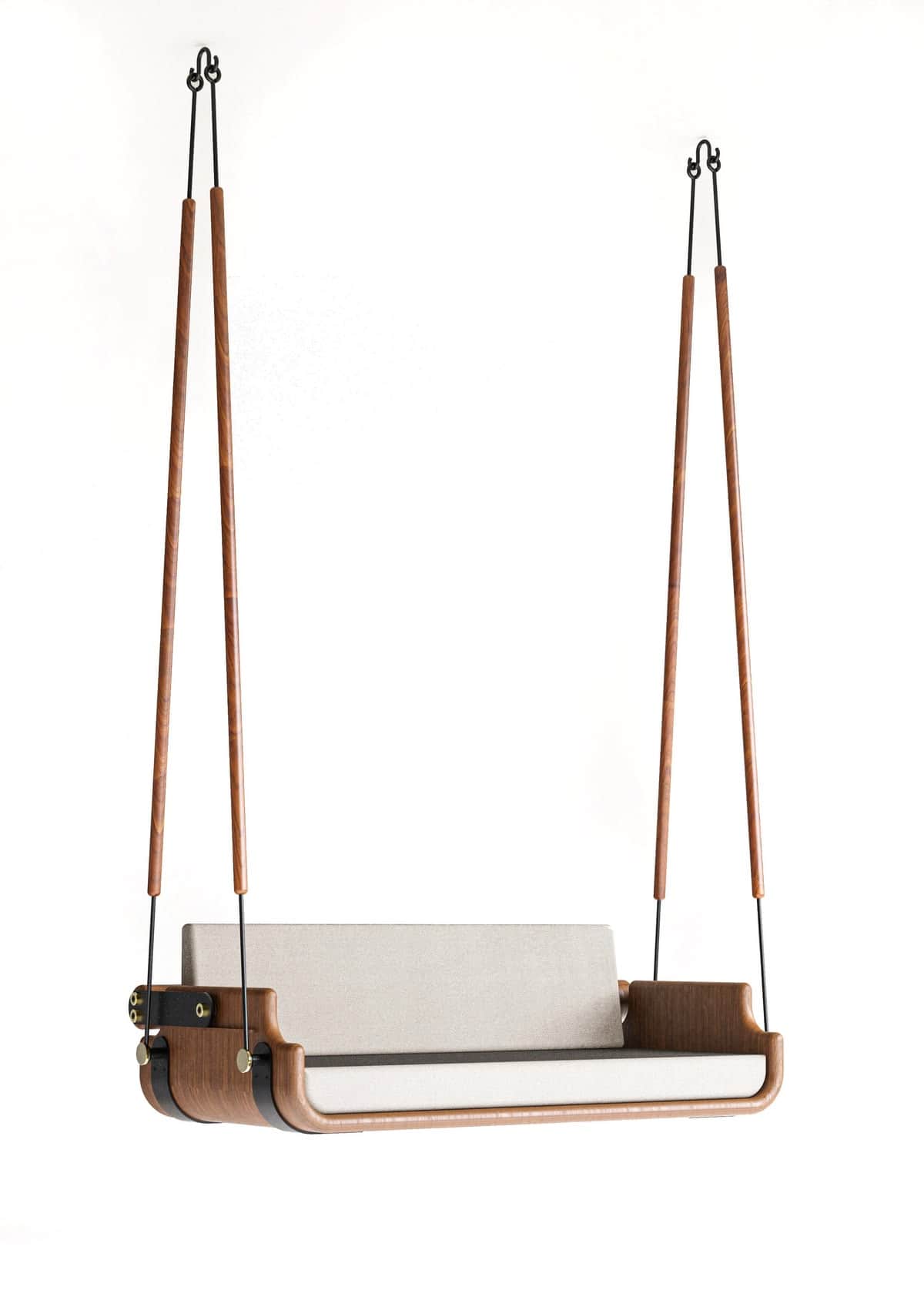A modern suspended bench, featuring a curved bentwood frame with upholstered cushions. It hangs from… — 3D model