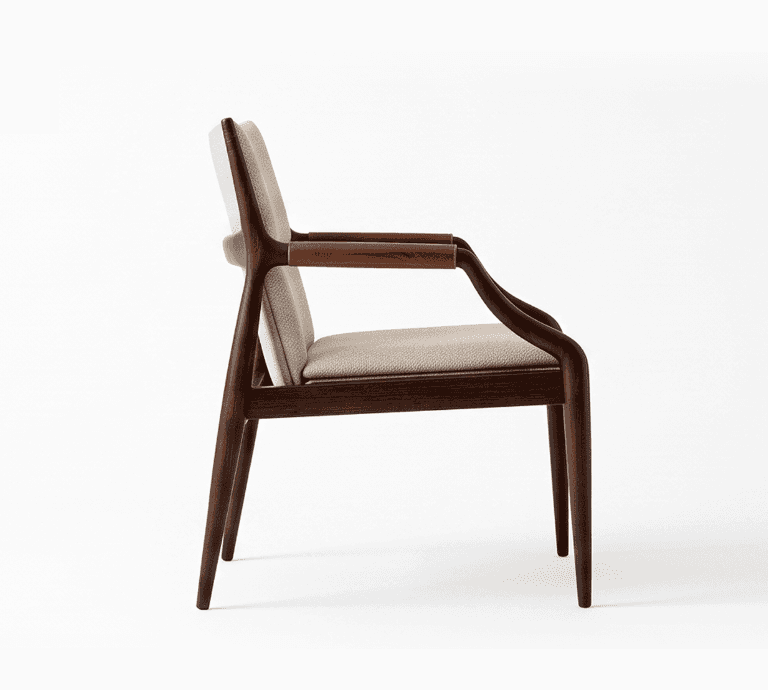 A sophisticated armchair featuring a sculpted dark wood frame with an upholstered seat and back. The… — free SKP 3D model