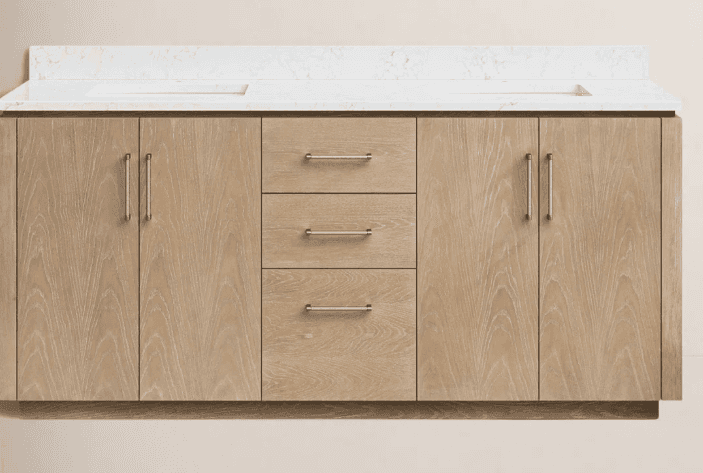 A double vanity cabinet with a white countertop featuring two integrated sinks. The cabinet base is… — 3D model