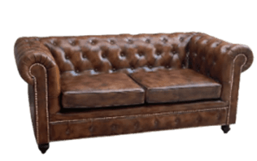 A two-seater sofa with a high back and rolled arms, upholstered in a brown, distressed-look material… — 3D model