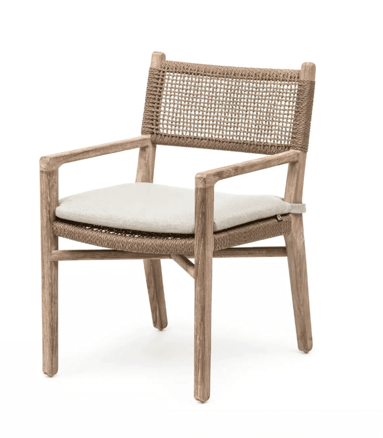 An armchair featuring a solid teak wood frame with woven rope detailing on the backrest and seat. It… — 3D model
