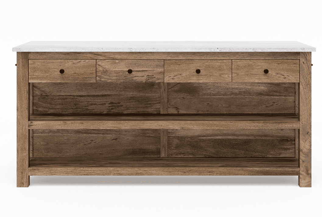 A rustic, rectangular serving console featuring a white marble or stone top, a light brown reclaimed… — 3D model