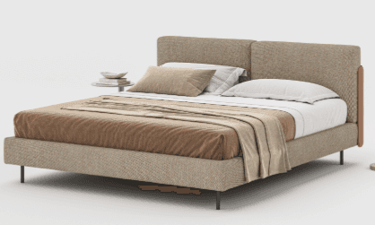 A modern upholstered bed frame with a horizontally segmented headboard. The bed is dressed with line… — 3D model