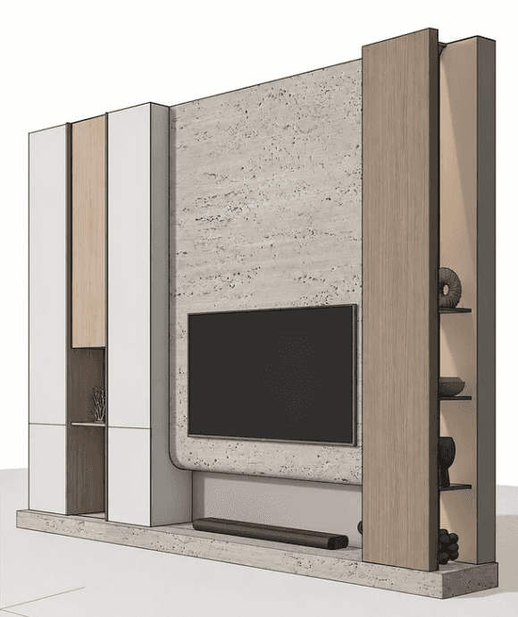 A contemporary wall-mounted media console unit featuring a multi-material design. It includes a cent… — 3D model