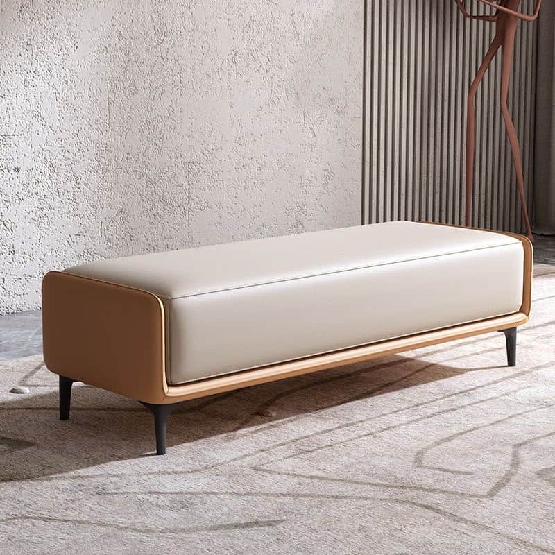 A contemporary upholstered bench with a rectangular beige seat cushion, set within a rounded brown f… — 3D model