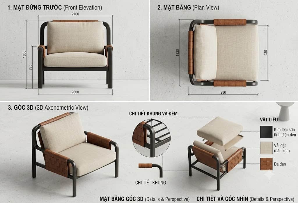 A modern armchair featuring a sleek, dark-colored tubular metal frame. It is fitted with thick, ligh… — 3D model
