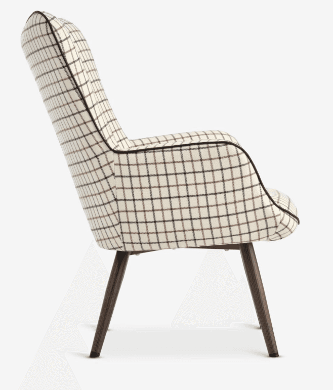 An armchair with a high, curved back and integrated armrests, upholstered in a fabric with a plaid p… — 3D model
