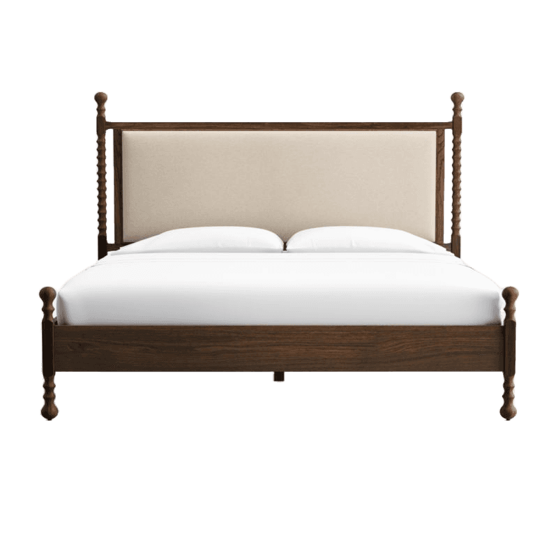 A dark-stained wooden bed frame featuring an upholstered headboard. The headboard and footboard both… — 3D model