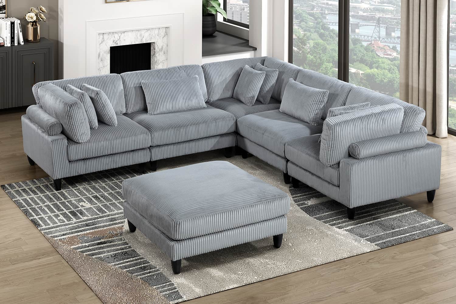 A modern L-shaped sectional sofa upholstered in grey corduroy fabric. The sofa features a modular de… — 3D model
