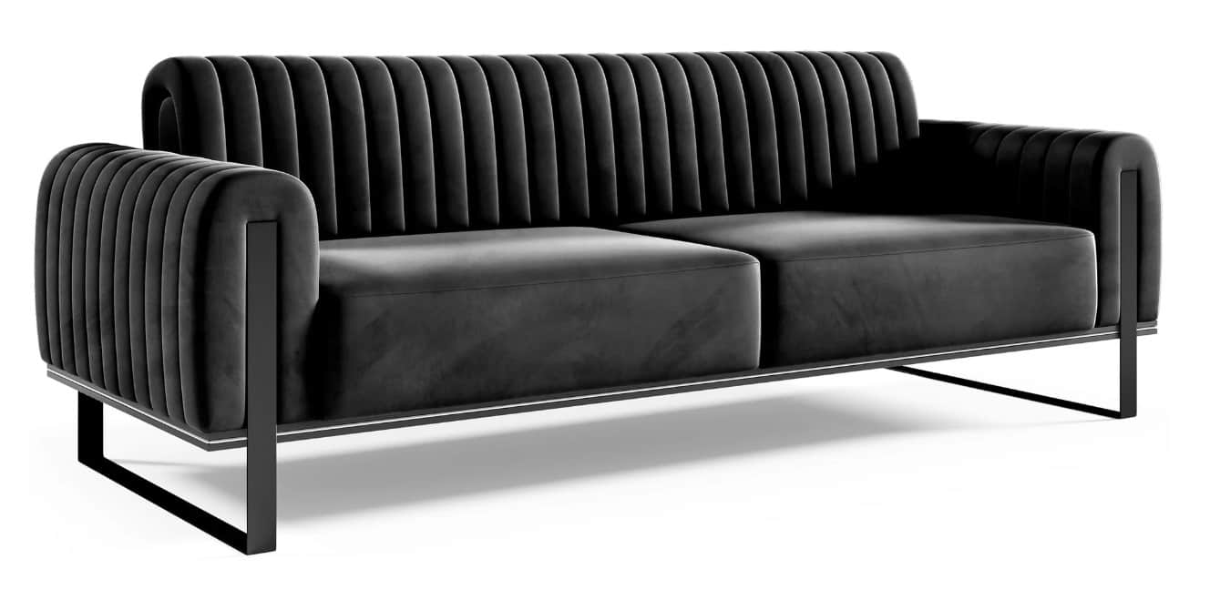 A modern two-seater sofa featuring distinctive black channel-tufted velvet upholstery on its integra… — 3D model