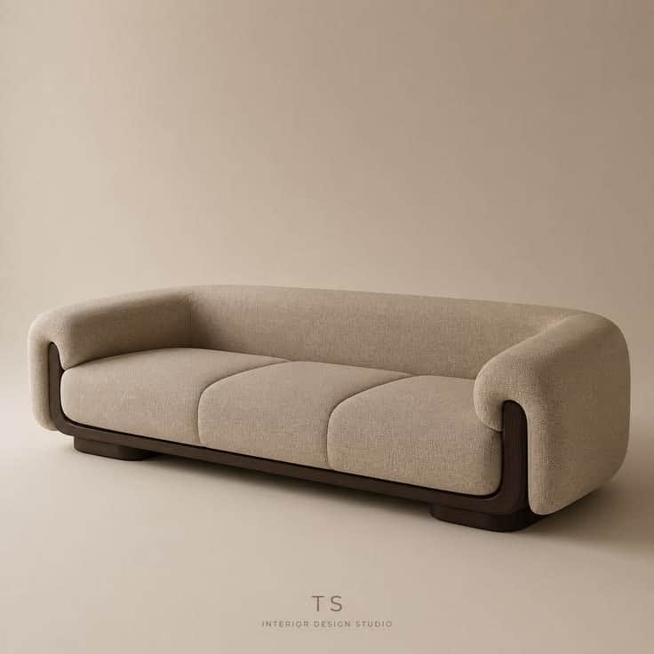 A modern three-seater sofa featuring a light beige upholstered body with three distinct seat cushion… — free OBJ 3D model