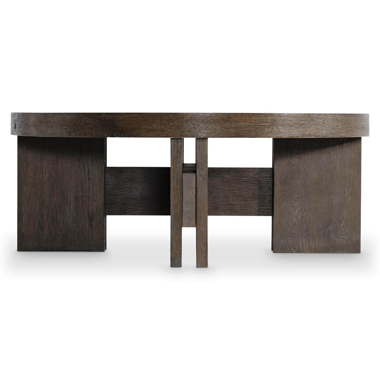 A dark wood console table with a rectangular top and two solid block legs connected by a horizontal… — free BLEND 3D model
