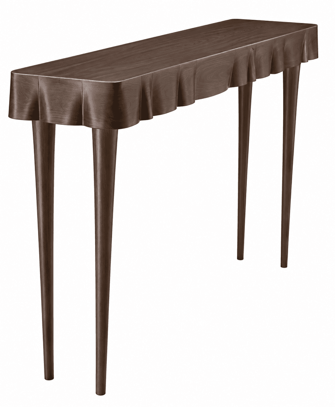 A narrow, rectangular console table made of dark wood, featuring a unique sculpted apron that mimics… — 3D model