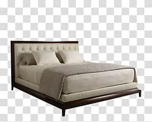 A modern platform bed featuring a dark wood frame and cream-colored upholstered components. The head… — free GLTF 3D model
