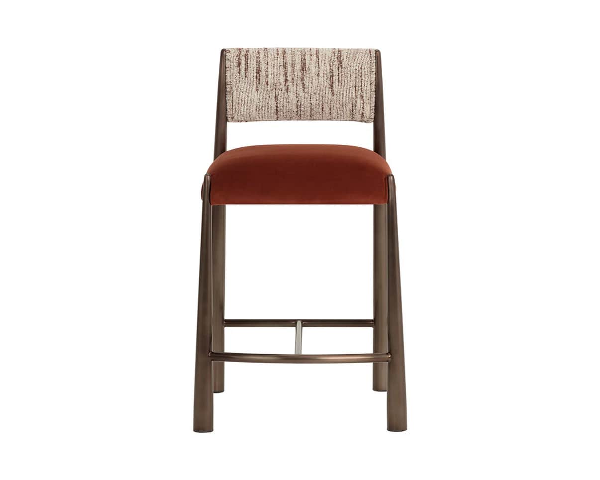A modern bar stool with a tall backrest and a cushioned seat. The frame is constructed from metal wi… — 3D model