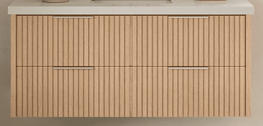 A modern bathroom vanity featuring a light wood-toned base with a distinctive fluted or reeded textu… — 3D model