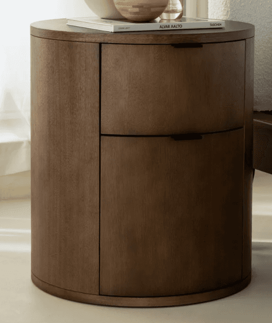 A modern cylindrical nightstand constructed from dark brown wood. It features a flat circular top, t… — free GLTF 3D model