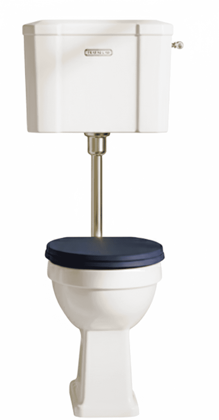 A traditional close-coupled toilet with a high-level cistern. The cistern is white ceramic with a re… — 3D model
