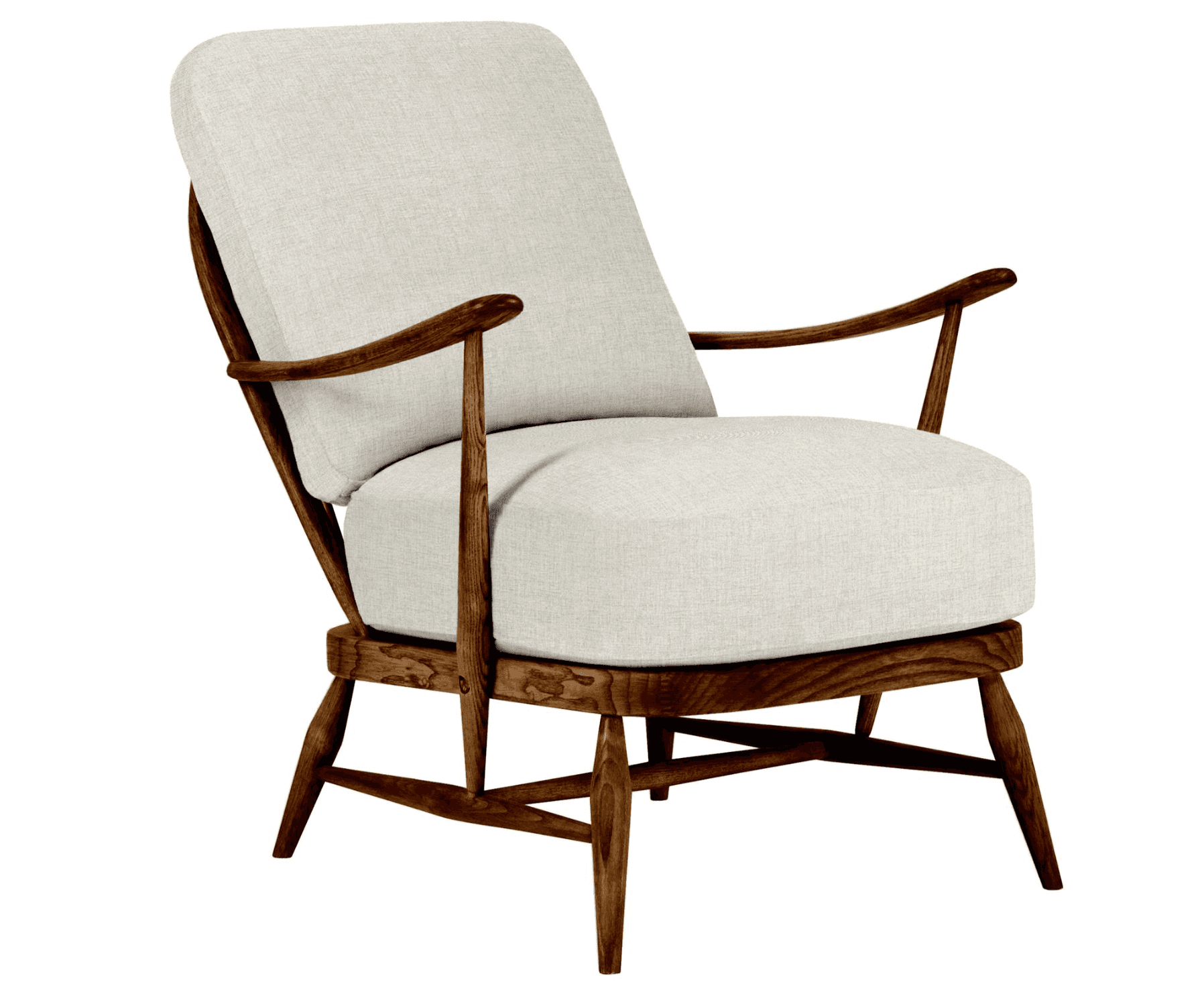 A stylish mid-century modern lounge chair featuring a prominent dark stained wooden frame and plush,… — 3D model