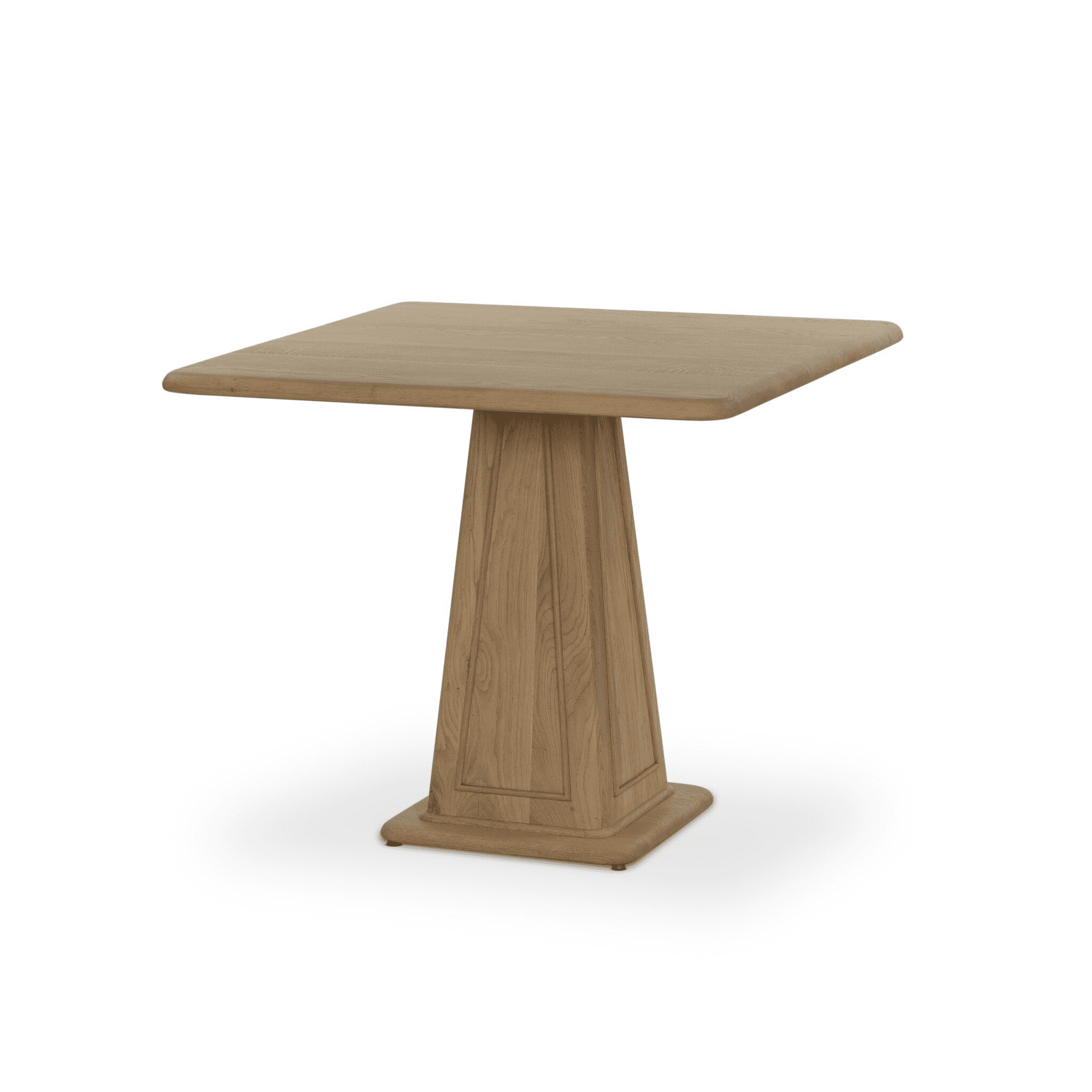 A square-top pedestal dining table crafted from wood. The table features a thick, slightly rounded s… — 3D model