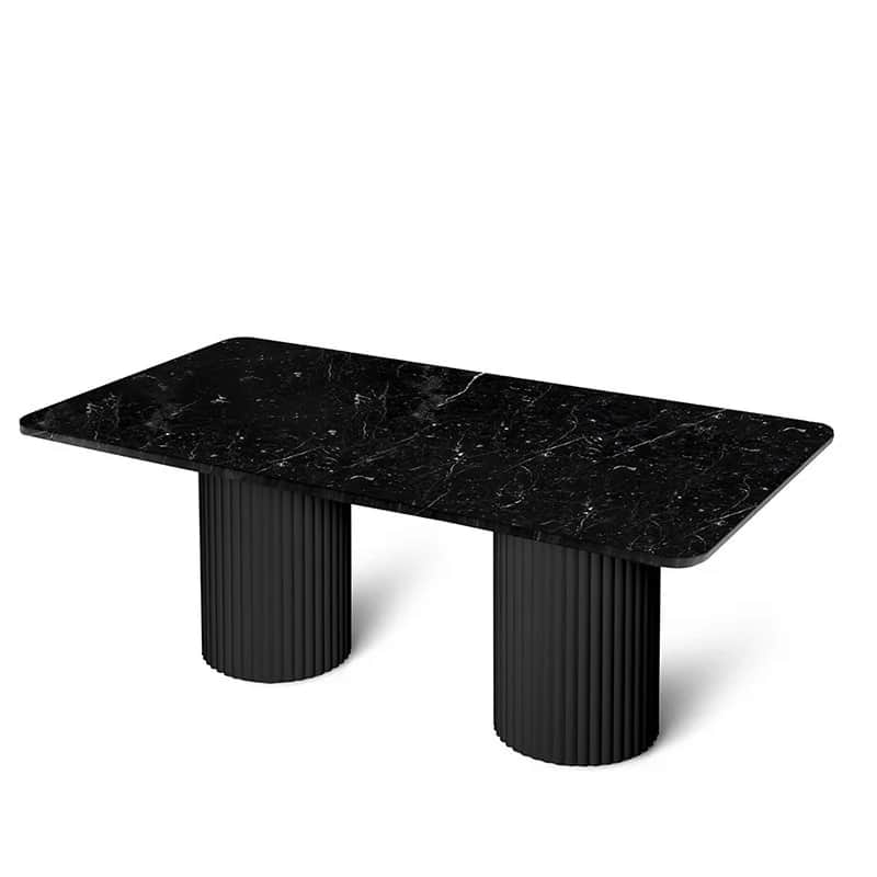 A modern rectangular dining table featuring a black marble top with white veining and rounded corner… — 3D model