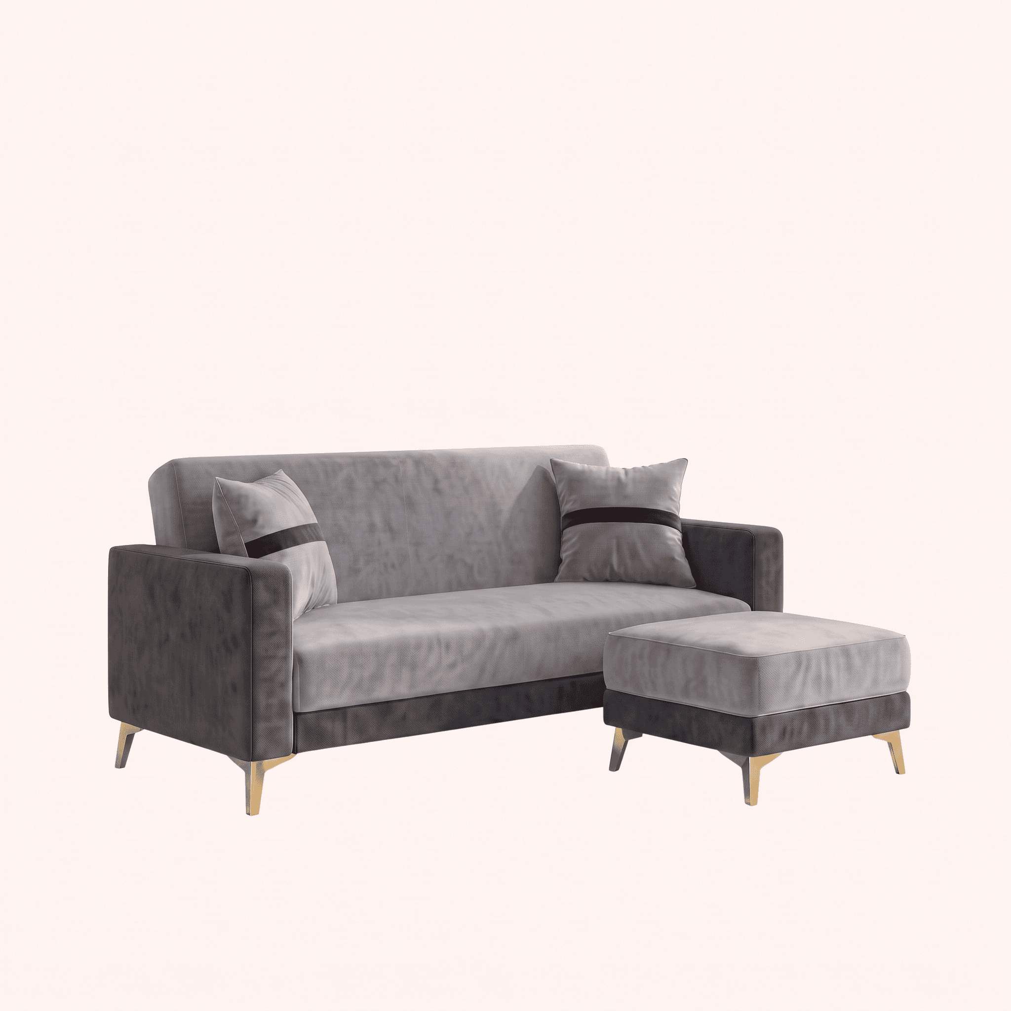 A modern two-seater sofa featuring a two-tone gray velvet upholstery, accompanied by a matching otto… — free GLTF 3D model