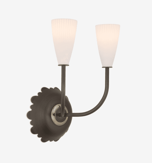 A double-armed wall sconce with two frosted glass shades. The shades are tapered and feature vertica… — free FBX 3D model