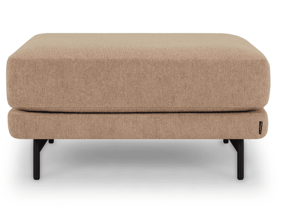 A rectangular ottoman with a cushioned top and a fabric upholstery. It is supported by four slender,… — 3D model