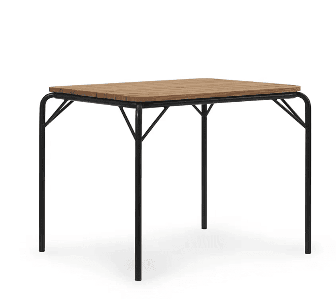 A square dining table featuring a slatted wooden top and a black metal frame. The frame consists of… — free BLEND 3D model