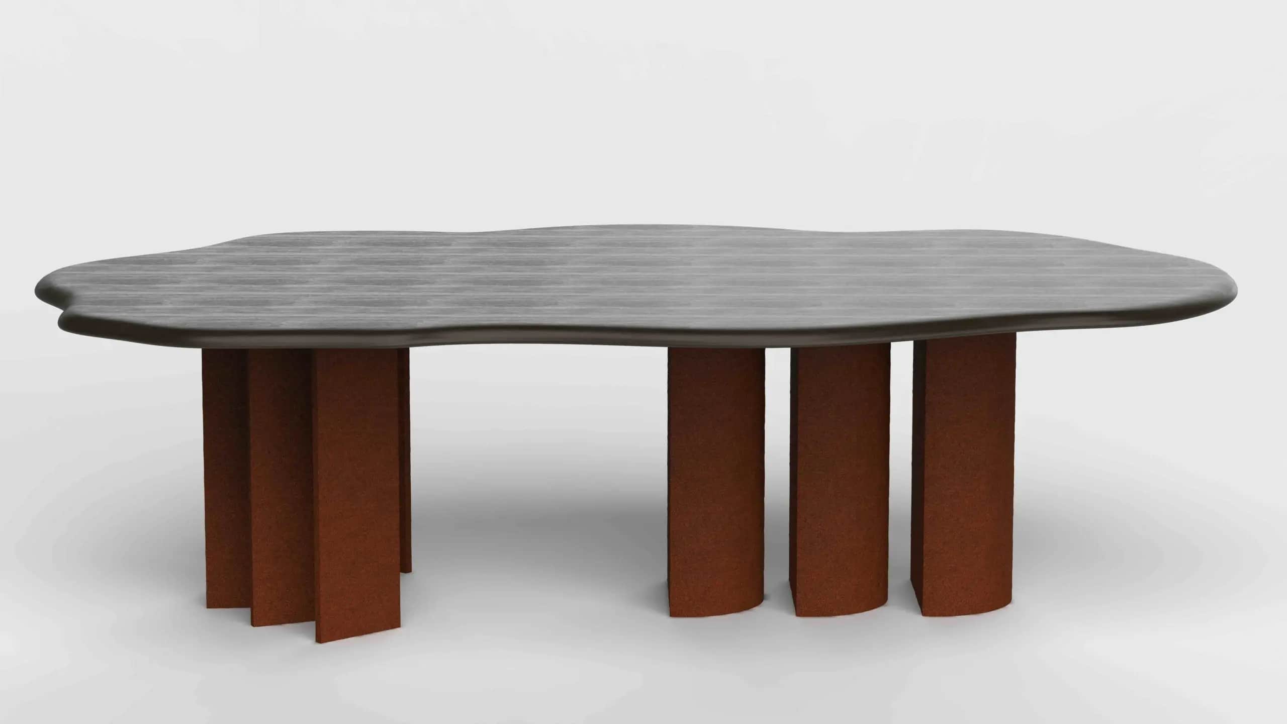 A coffee table with an organically shaped, irregular top and a base composed of multiple cylindrical… — free OBJ 3D model