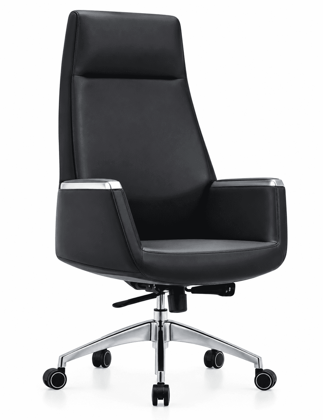 A high-back executive office chair featuring black leather upholstery, padded armrests with chrome a… — 3D model