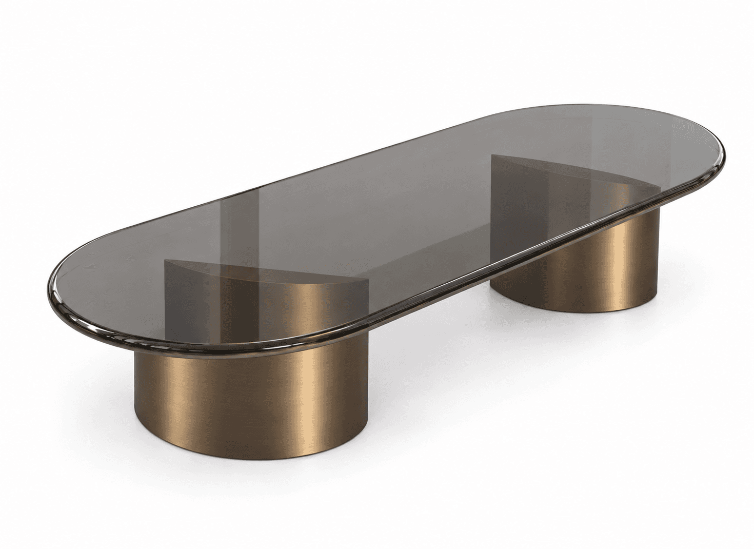 A modern coffee table featuring an elongated oval top made of smoked glass, supported by two robust,… — free BLEND 3D model