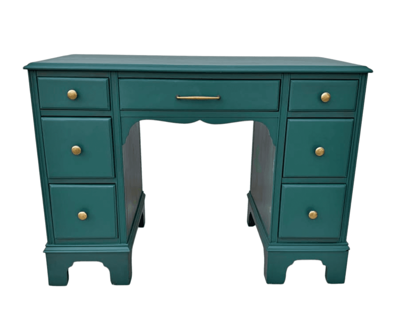 A dark teal painted desk with gold hardware. The desk features a central drawer with a long gold pul… — 3D model