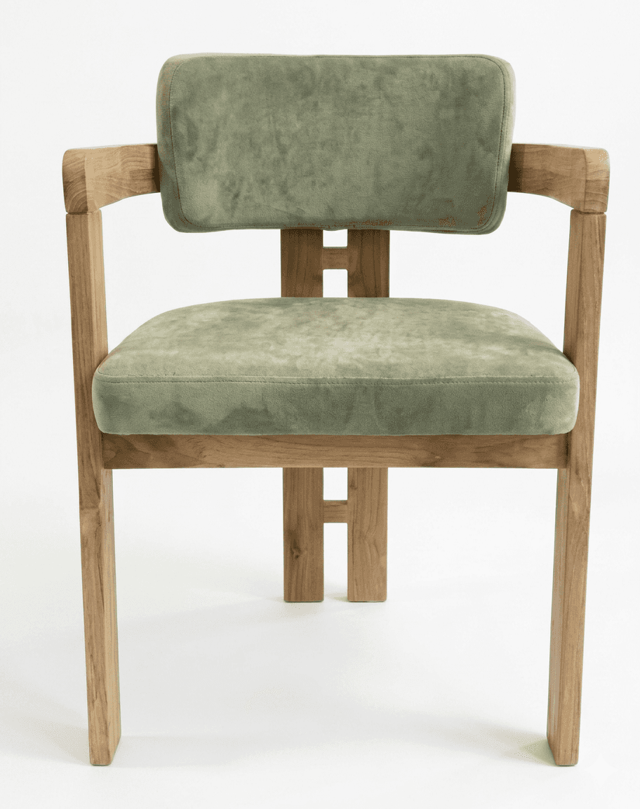 A modern armchair featuring a solid wood frame with light-toned wood and sage green upholstered seat… — 3D model