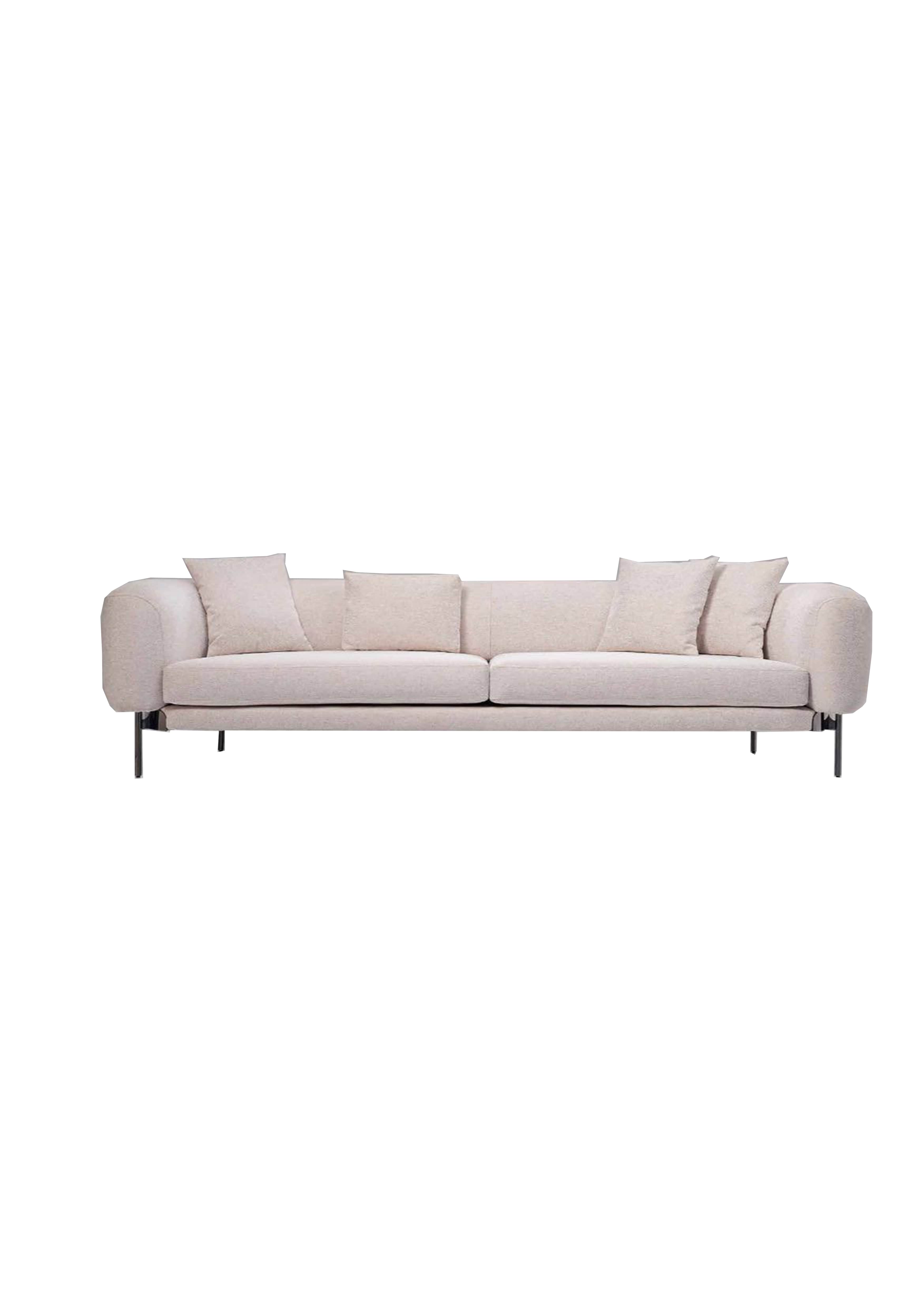 A contemporary three-seater sofa with a light beige, textured fabric upholstery. It features smoothl… — 3D model