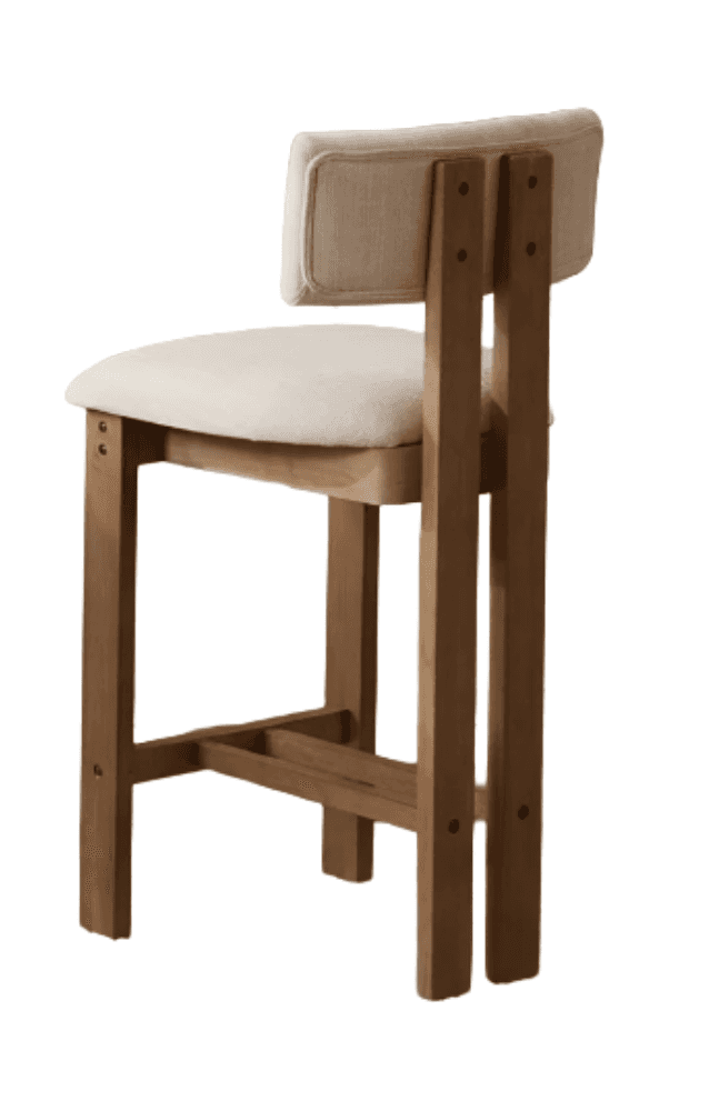 A contemporary bar stool featuring a sturdy light-toned wooden frame and upholstered seat and backre… — 3D model
