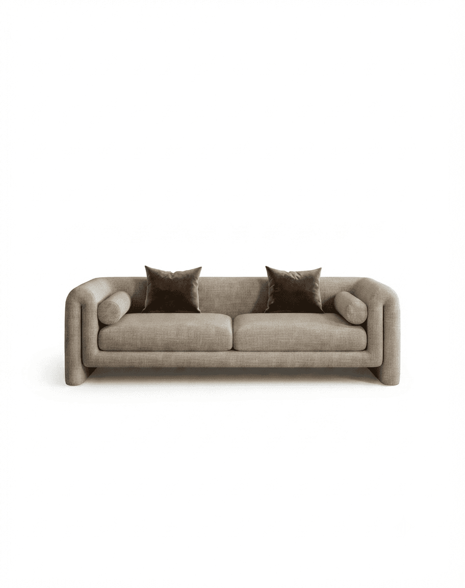 A contemporary two-seat sofa with a distinct rounded, continuous frame, upholstered in a light beige… — 3D model