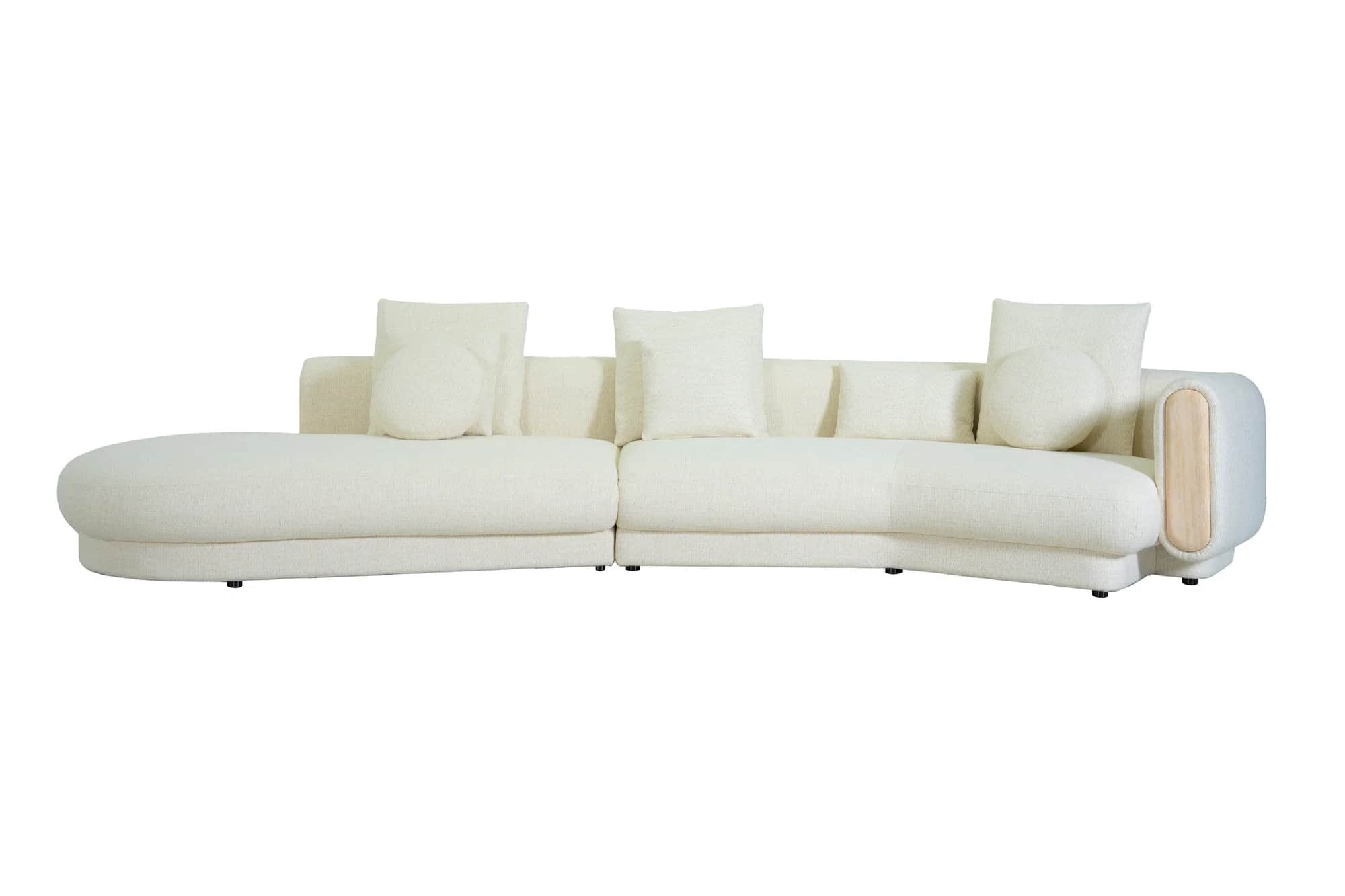 A large, curved sectional sofa upholstered in a light, textured boucle fabric, featuring a left-hand… — free GLB 3D model