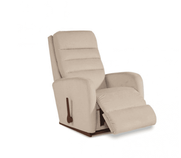 An upholstered recliner armchair featuring a neutral-toned fabric, a horizontally tufted backrest, a… — free GLB 3D model