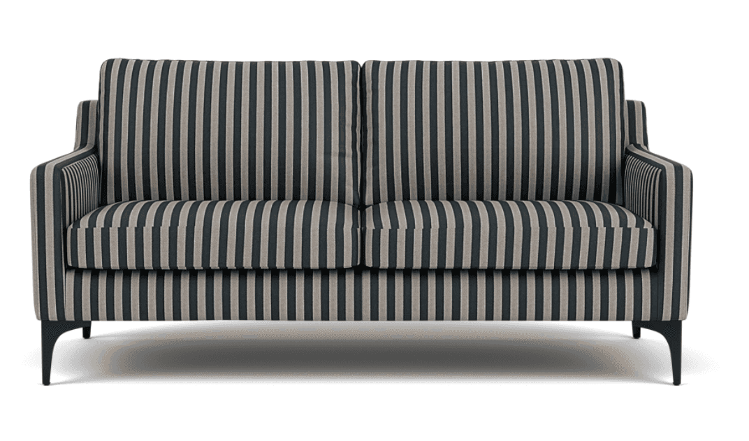 A two-seater sofa featuring a distinctive vertical striped upholstery pattern in dark grey/black and… — 3D model