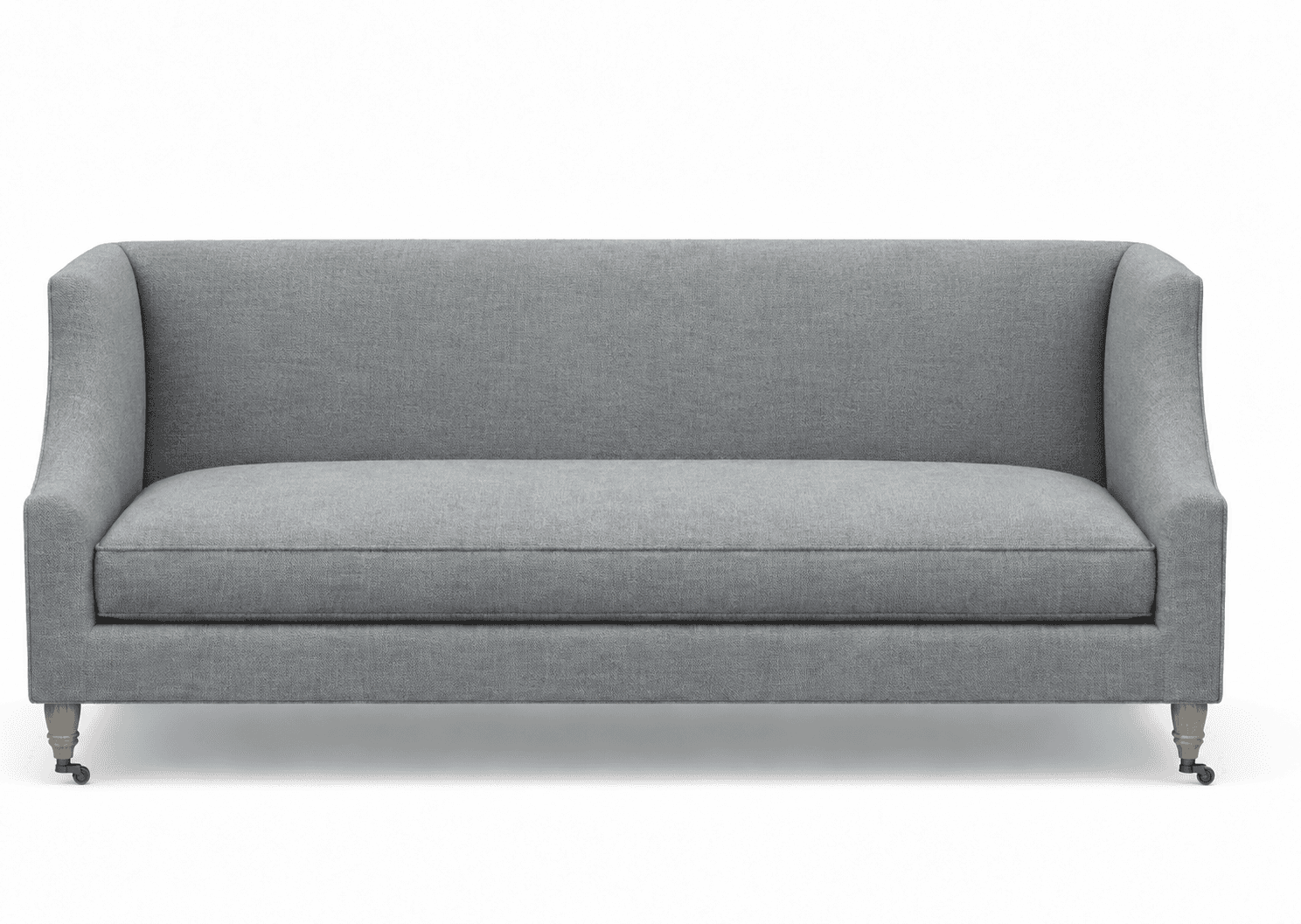 Gray upholstered loveseat with gently rolled arms, a single loose seat cushion, and exposed turned w… — 3D model
