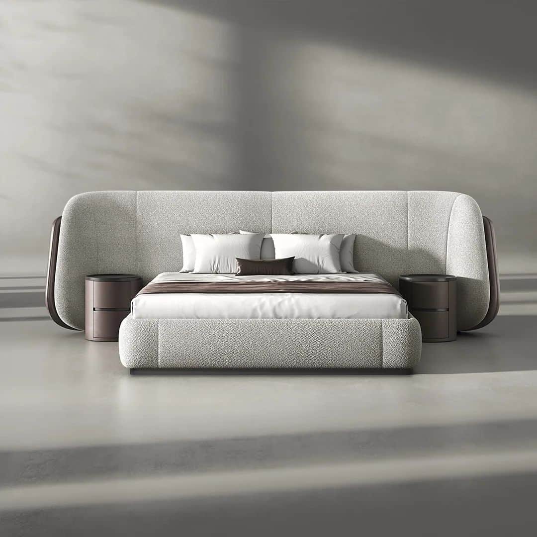 A modern, upholstered platform bed featuring an expansive, curved headboard with vertical channel st… — free SKP 3D model