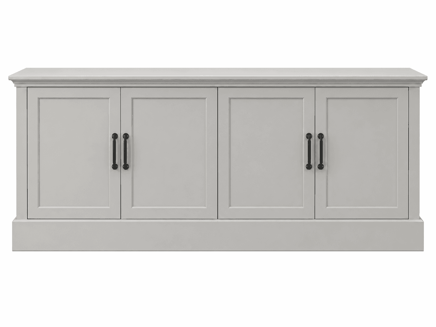 A contemporary light grey four-door sideboard or credenza featuring recessed panel doors, a flat top… — 3D model